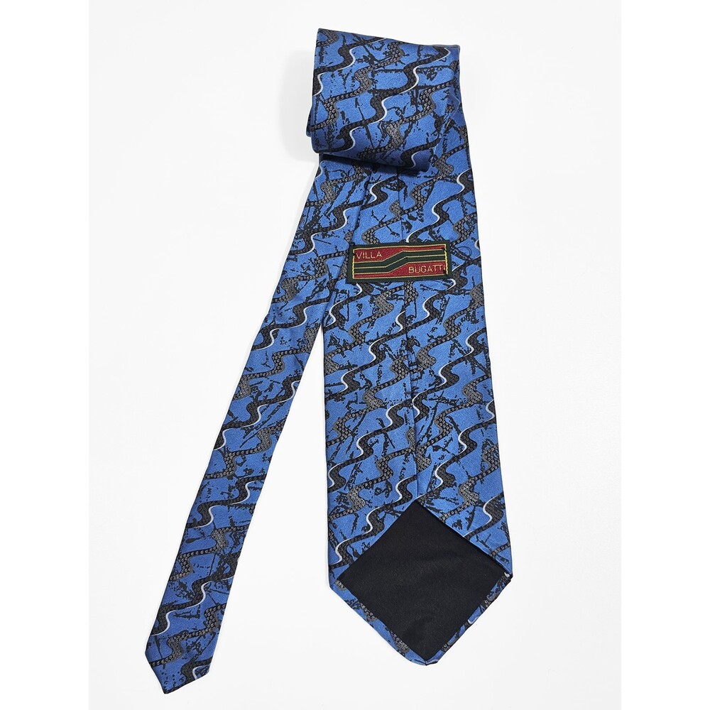 Villa Bugatti Blue Black Wavy Abstract Artsy Vintage Silk Tie 80s 90s